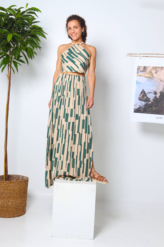 Ecovero Beige-Green Summer Maxi Skirt Set