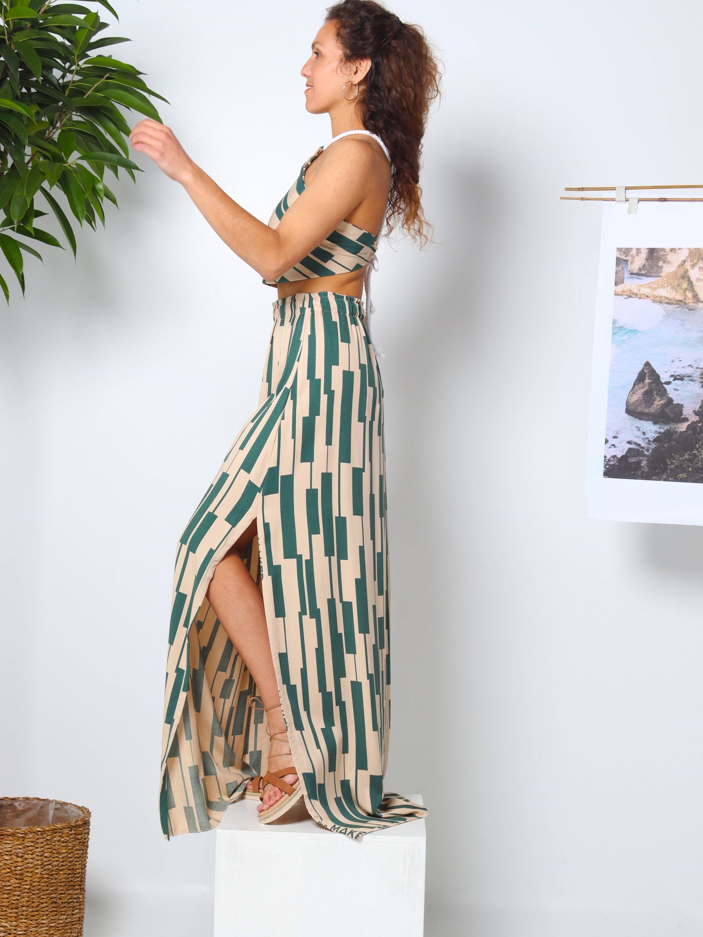 Ecovero Beige-Green Summer Maxi Skirt Set